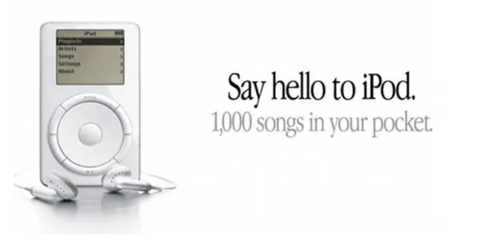 the marketing message in th apple ipod ad shows benefit - 1k songs in your peocket