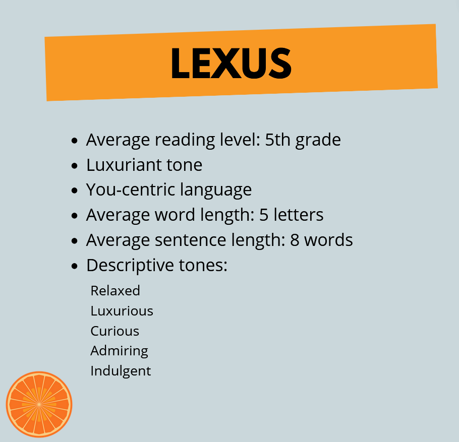 Average reading level: 5th grade
Luxuriant tone
You-centric language
Average word length: 5 letters
Average sentence length: 8 words
Descriptive tones: Relaxed
Luxurious
Curious
Admiring
Indulgent
